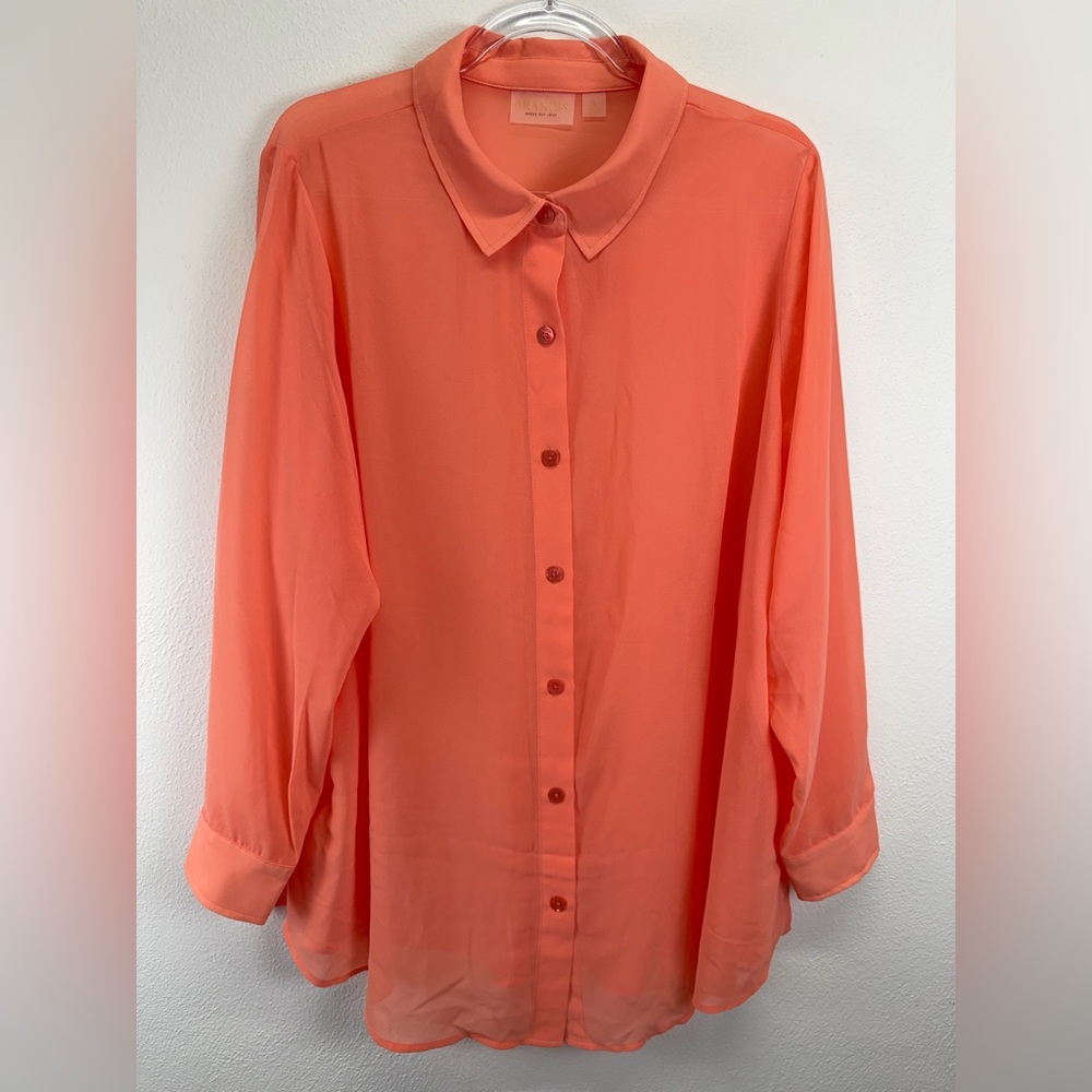 Brandis Dress Out Loud Sheer Button Down Long Sleeve Coral Cancun Blouse 1X‎